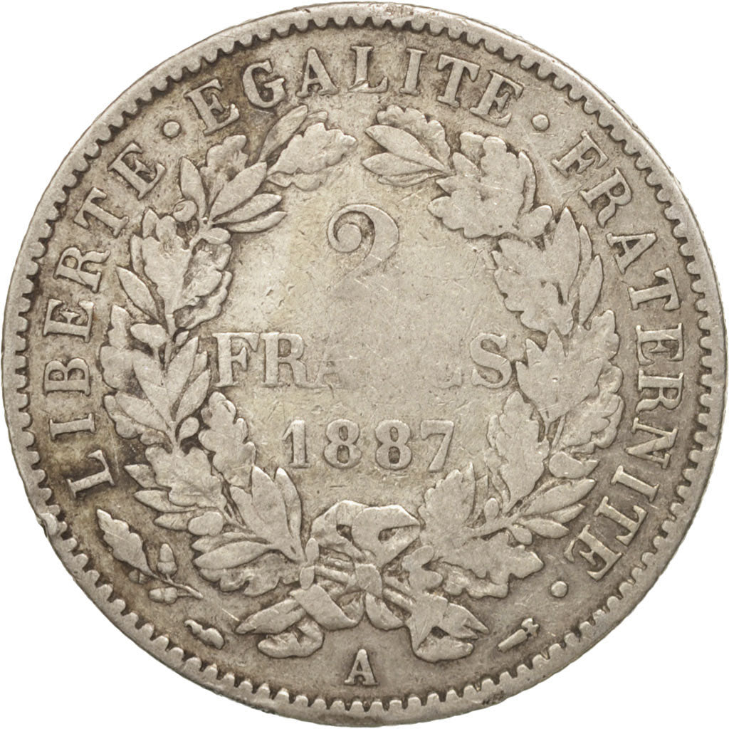 Moneta, Francia, Cérès, 2 Francs, 1887, Paris, MB, Argento, KM:817.1