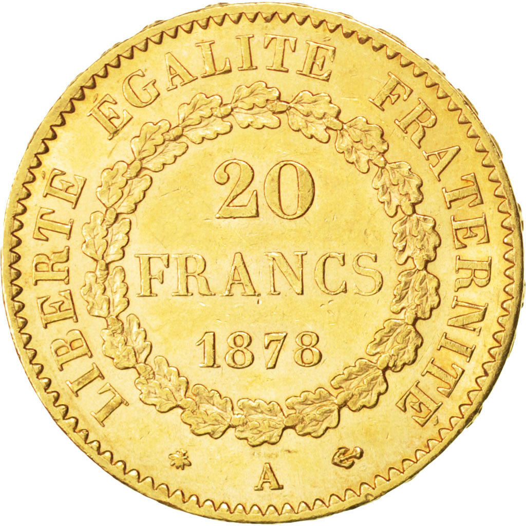 FRANCE, Génie, 20 Francs, 1878, Paris, KM #825, AU(55-58), Gold, Gadoury #1063, 