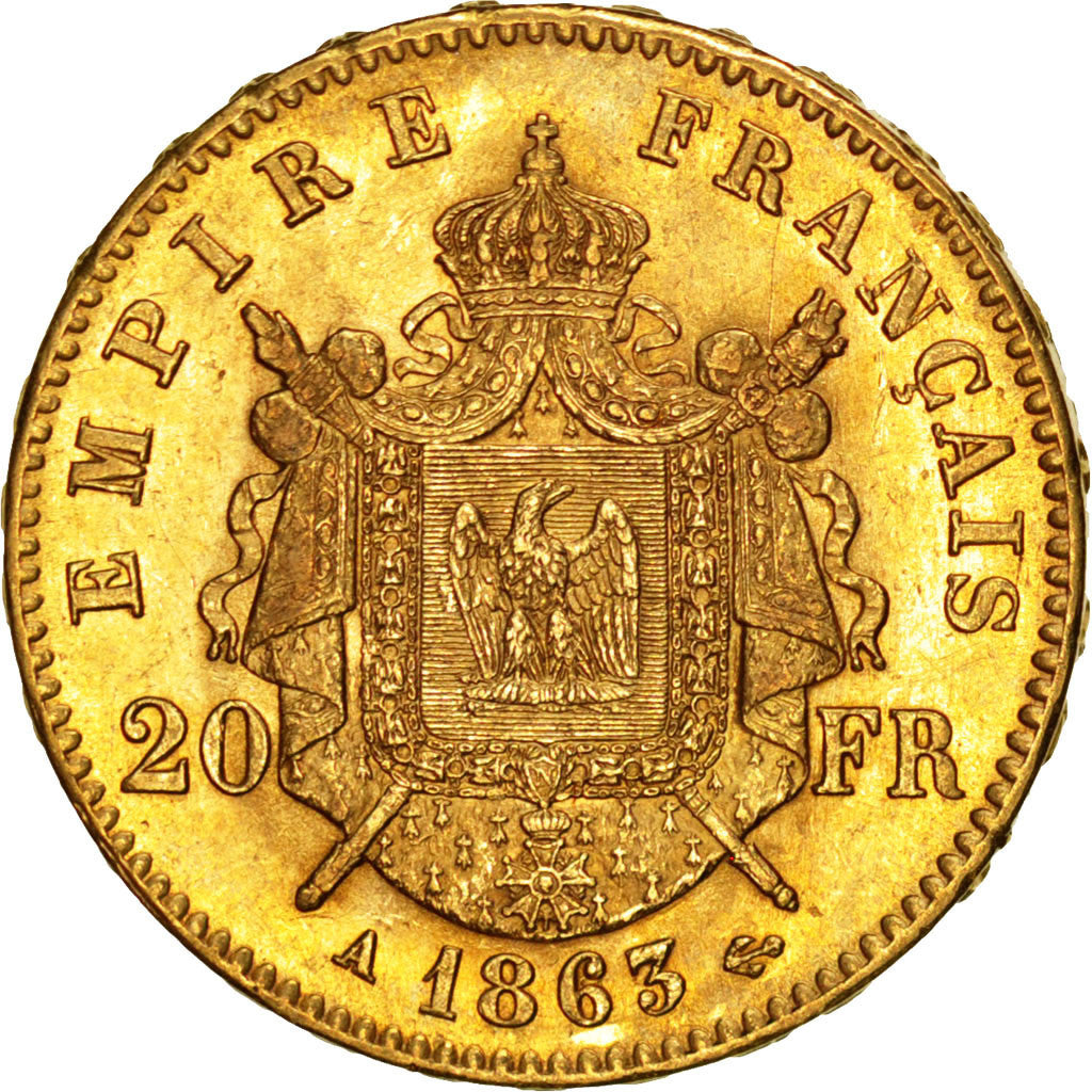 FRANCE, Napoléon III, 20 Francs, 1863, Paris, KM #801.1, AU(55-58), Gold, Gadour
