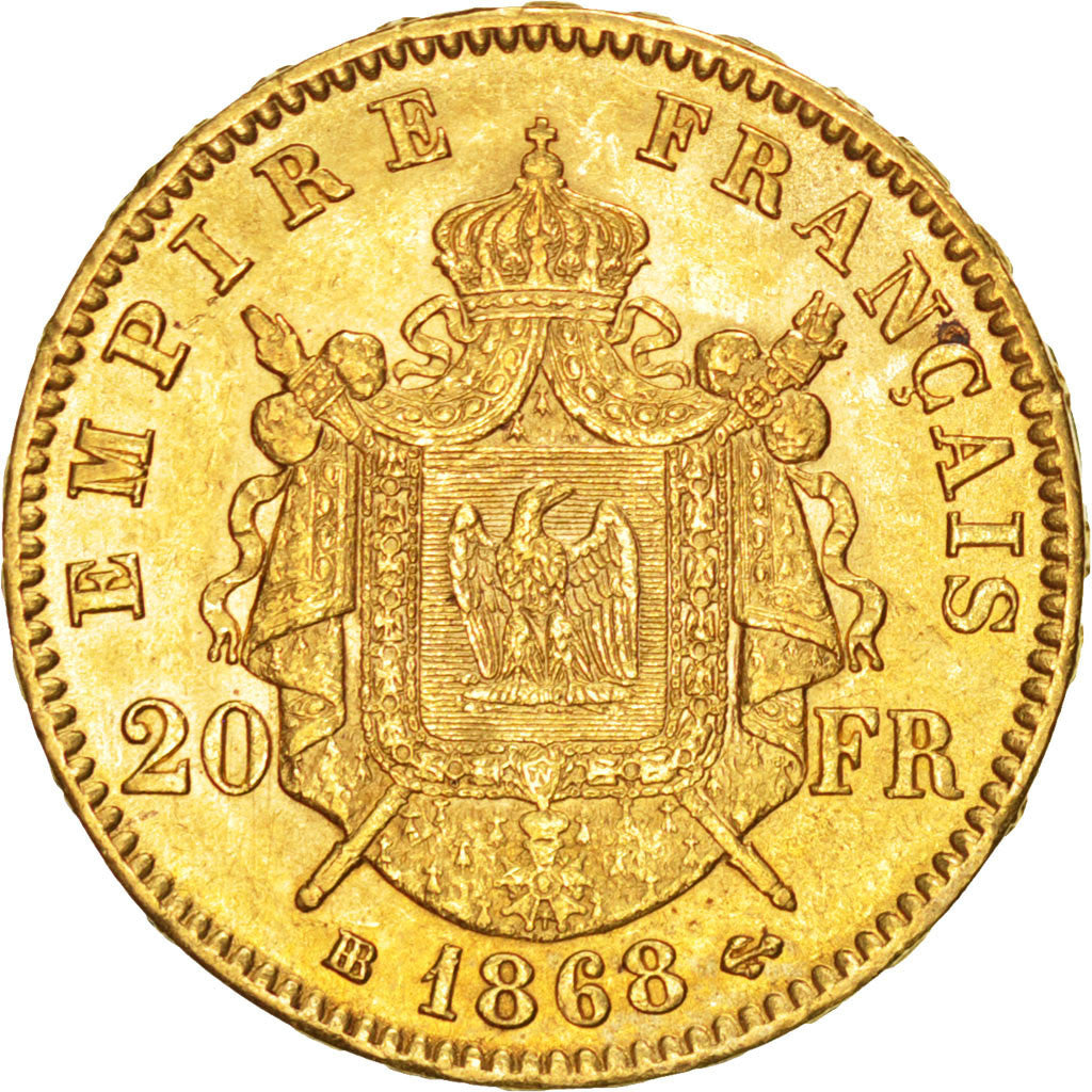 FRANCE, Napoléon III, 20 Francs, 1868, Strasbourg, KM #801.2, AU(55-58), Gold, G