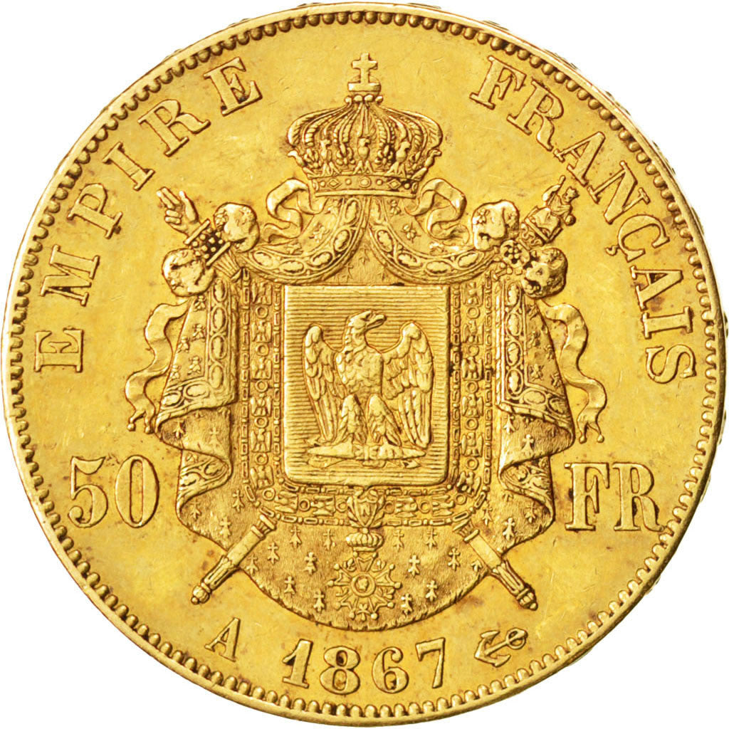 FRANCE, Napoléon III, 50 Francs, 1867, Paris, KM #804.1, AU(50-53), Gold, Gadour