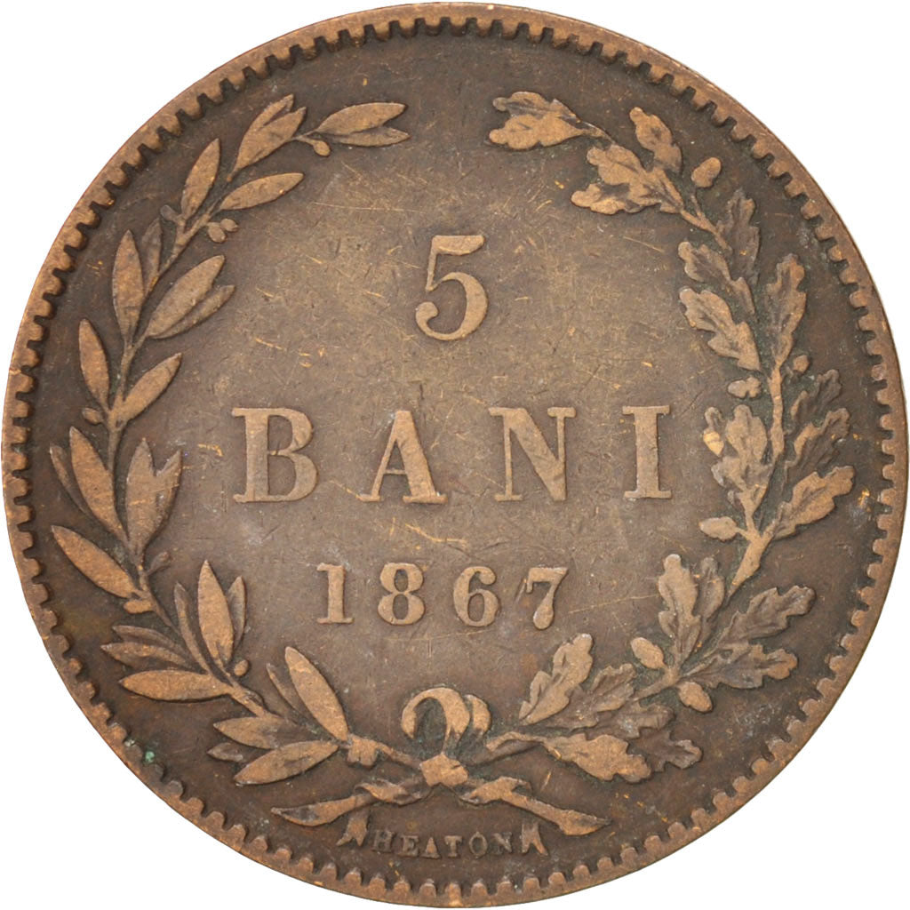 Romania, Carol I, 5 Bani, 1867, EF(40-45), Copper, KM:3.1