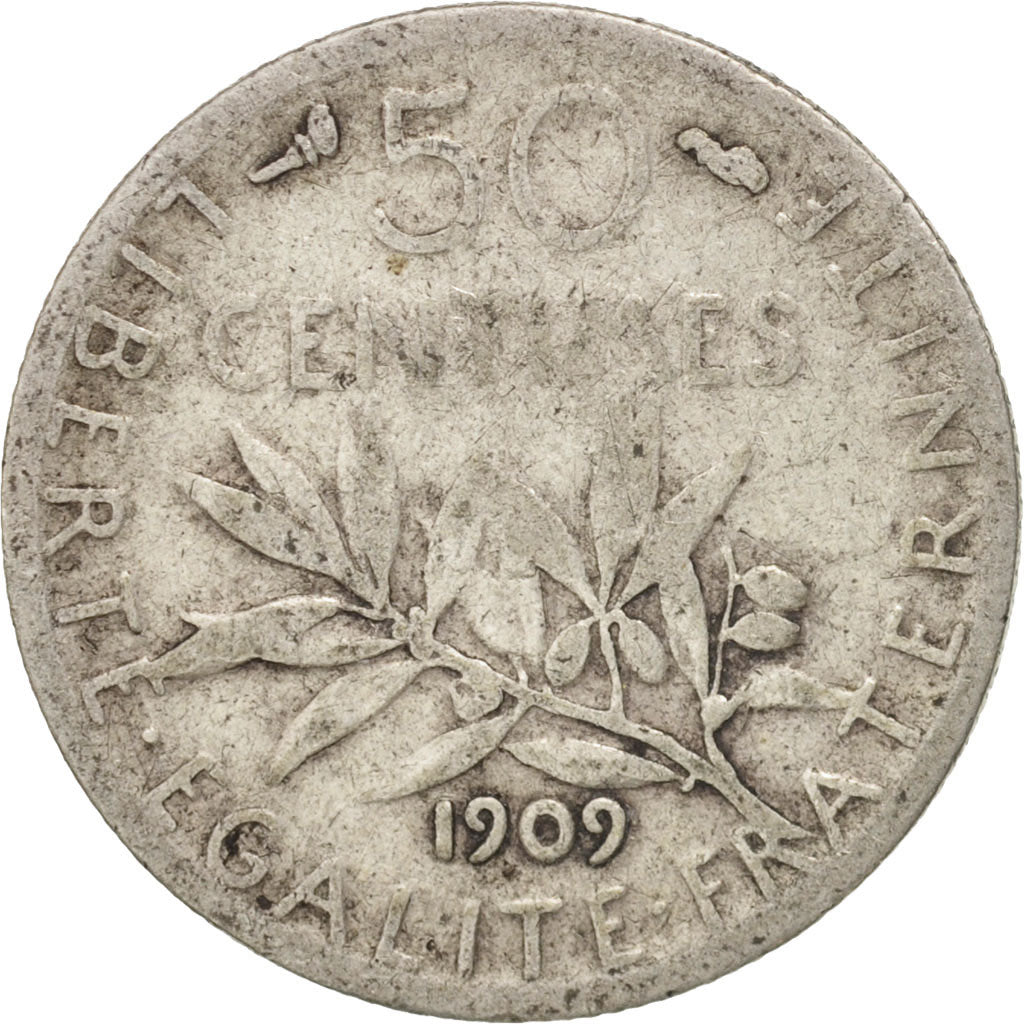 Coin, France, Semeuse, 50 Centimes, 1909, Paris, VF(20-25), Silver, KM:854