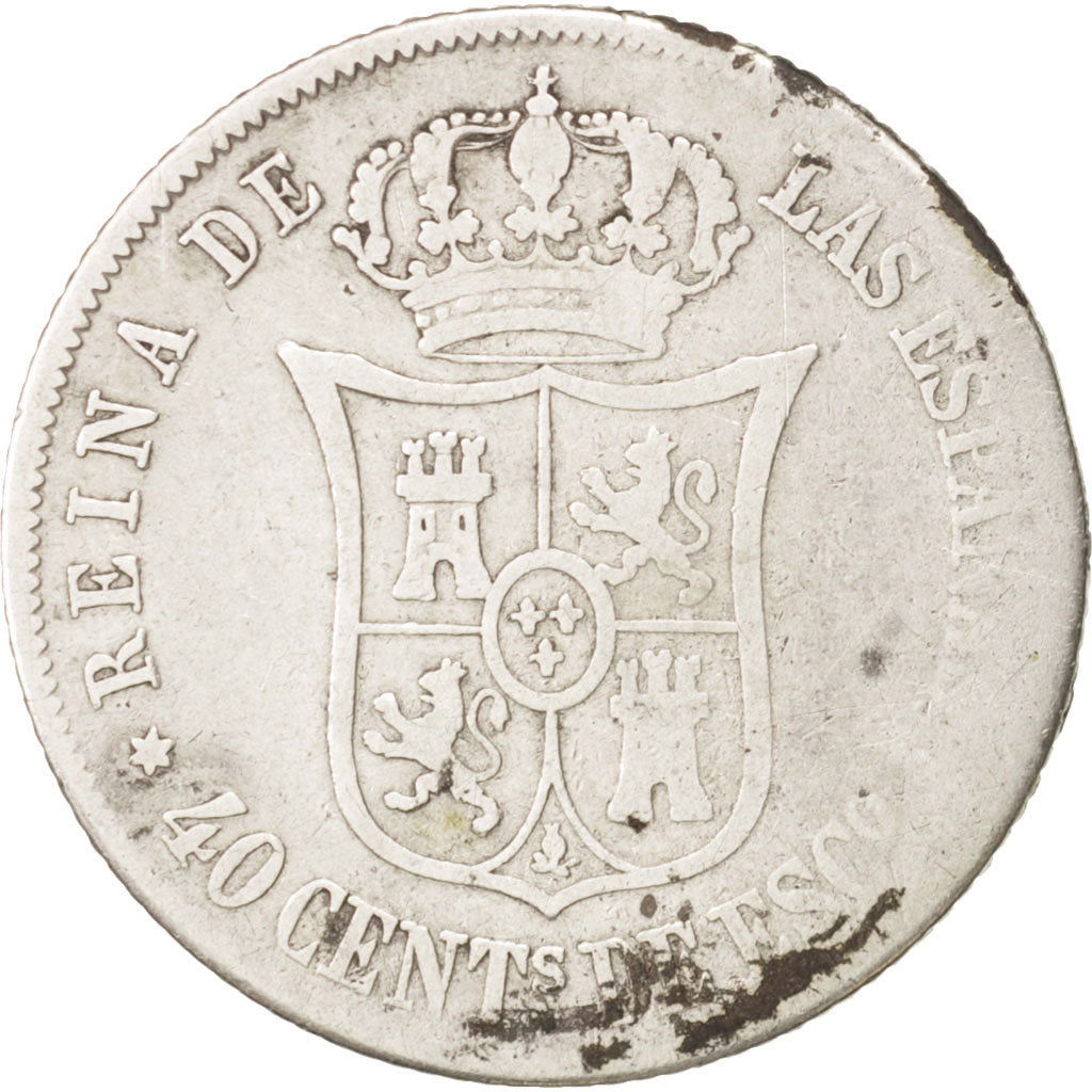 España, Isabel II, 40 Centimos, 1865, Madrid, BC, Plata, KM:628.2