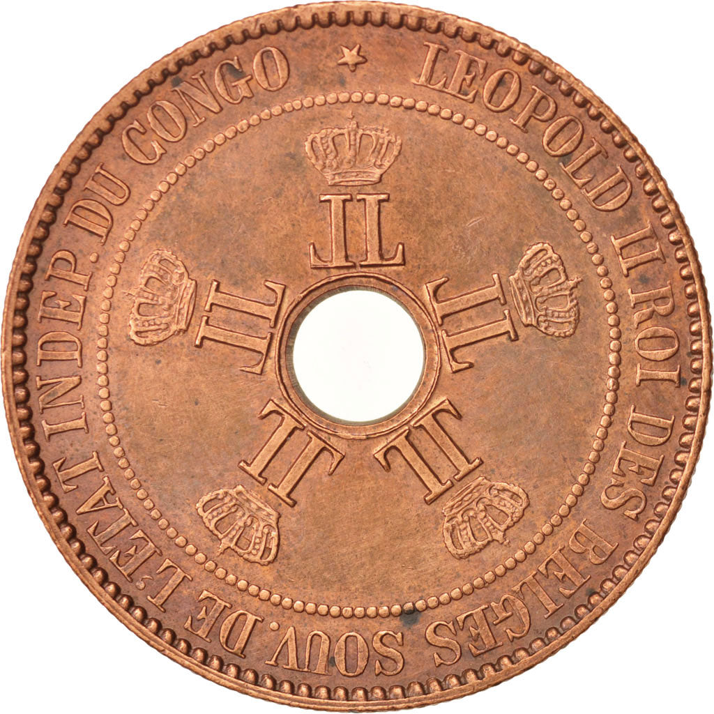 CONGO FREE STATE, Leopold II, 10 Centimes, 1888, AU(50-53), Copper, KM:4