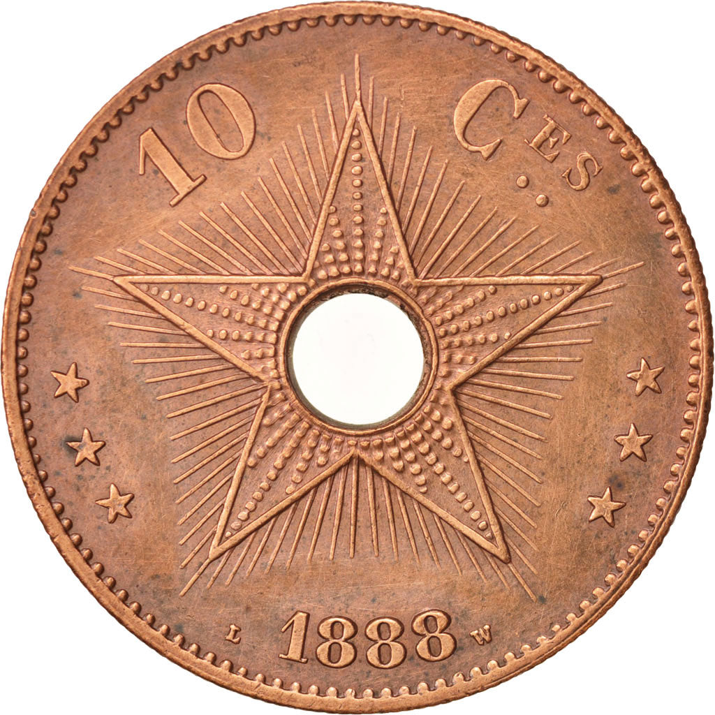 CONGO FREE STATE, Leopold II, 10 Centimes, 1888, AU(50-53), Copper, KM:4