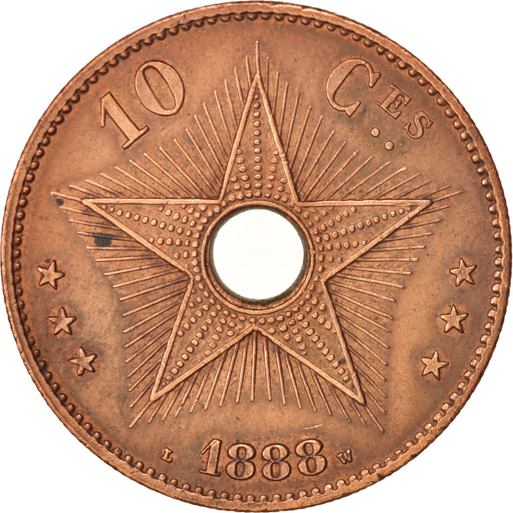 CONGO FREE STATE, Leopold II, 10 Centimes, 1888, AU(50-53), Copper, KM:4