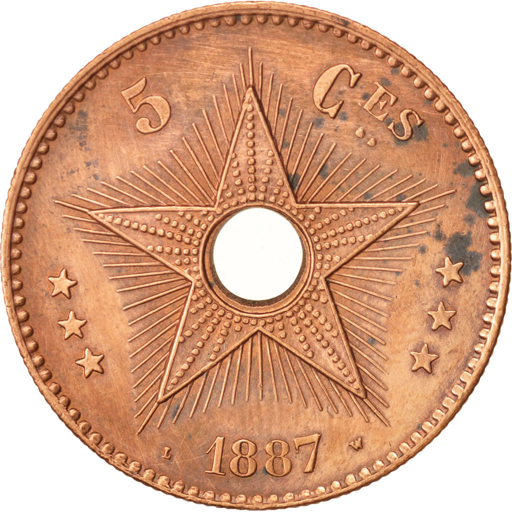 CONGO FREE STATE, Leopold II, 5 Centimes, 1887, AU(50-53), Copper, KM:3