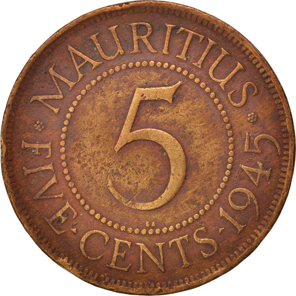Mauritius, George VI, 5 Cents, 1945, Pretoria, VF(20-25), Bronze, KM:20