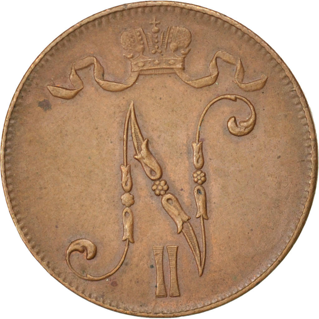 FINLAND, 5 Pennia, 1916, KM #15, EF(40-45), Copper, 25, 6.40