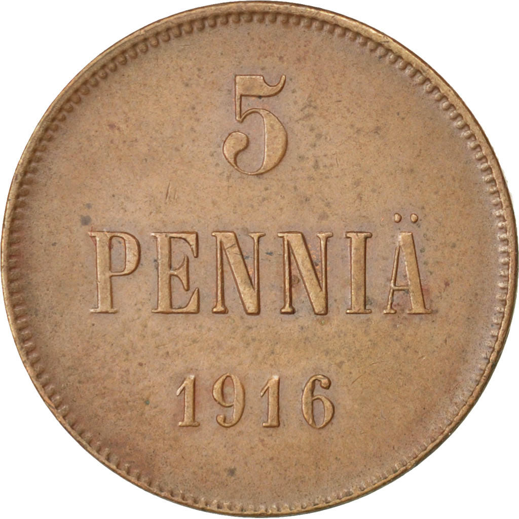 FINLAND, 5 Pennia, 1916, KM #15, EF(40-45), Copper, 25, 6.40
