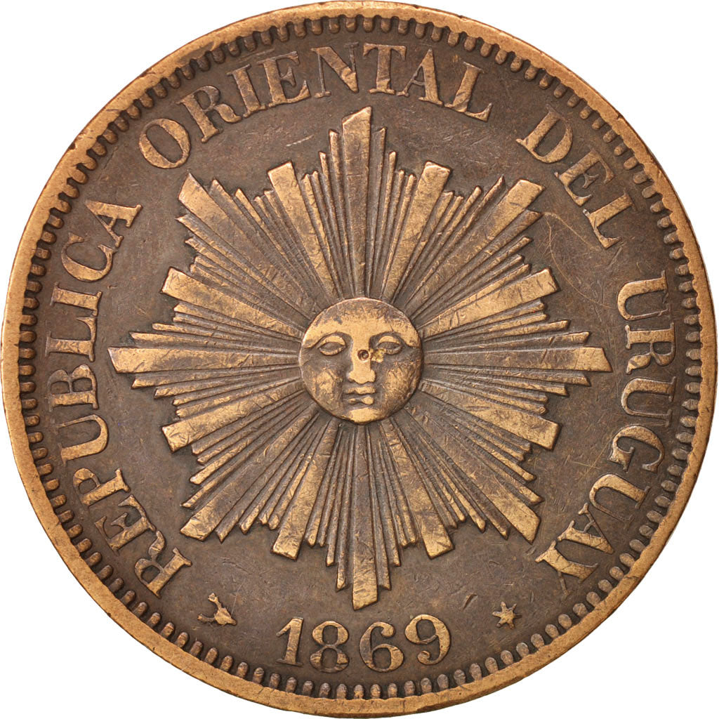 Uruguay, 4 Centesimos, 1869, Uruguay Mint, Birmingham, EF(40-45), Bronze, KM:13