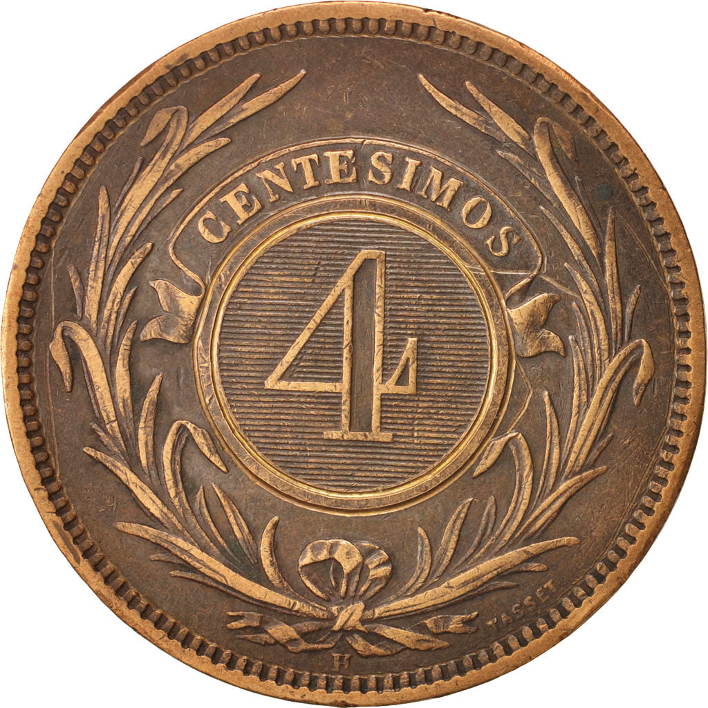 Uruguay, 4 Centesimos, 1869, Uruguay Mint, Birmingham, EF(40-45), Bronze, KM:13