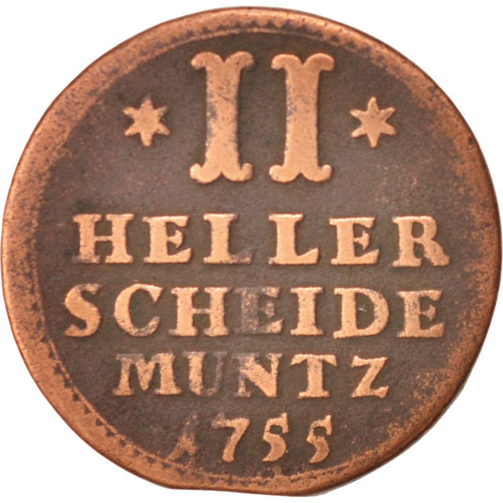 Stati tedeschi, HESSE-CASSEL, Wilhelm VIII, Heller, 1755, MB+, Rame, KM:445