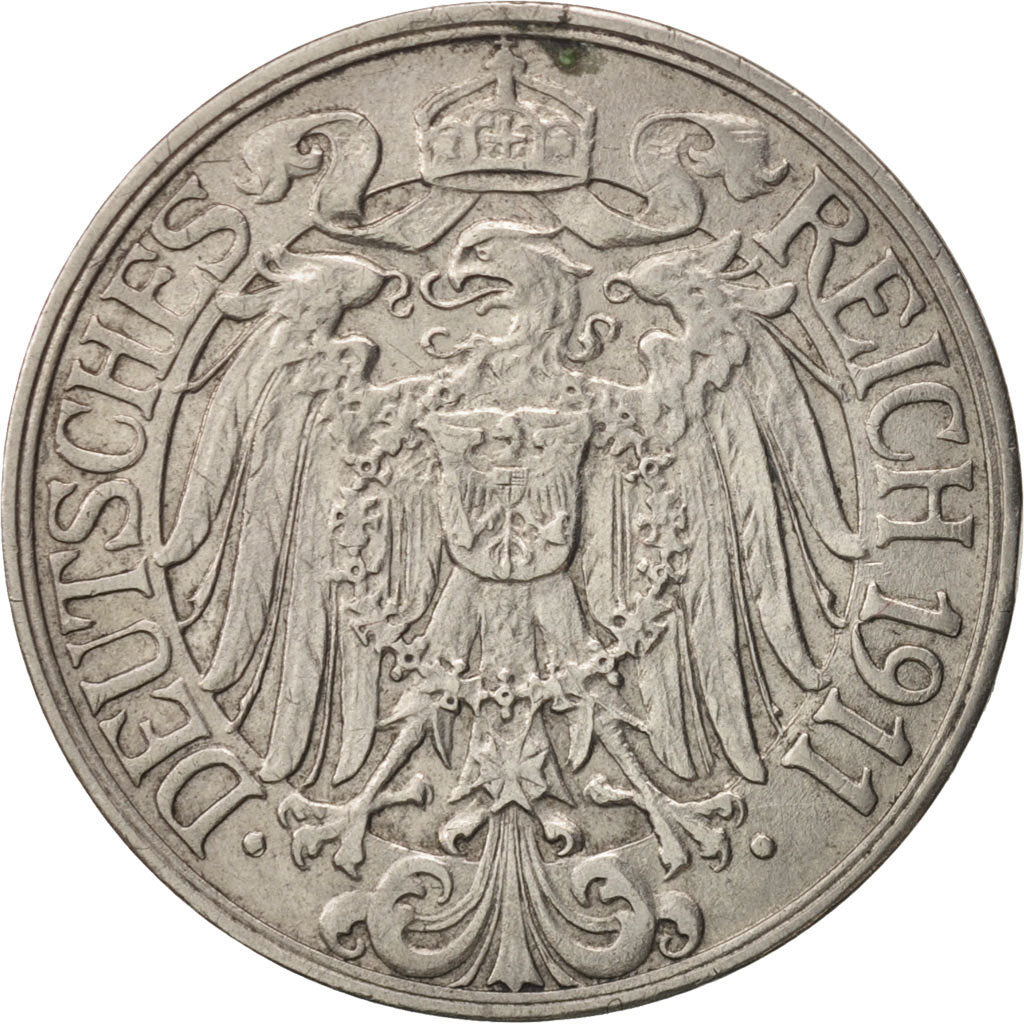GERMANIA - IMPERO, Wilhelm II, 25 Pfennig, 1911, Hambourg, BB+, Nichel, KM:18