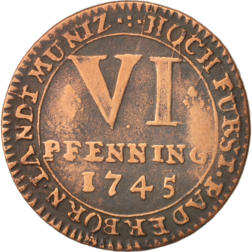 German States, PADERBORN, Clemens August, 6 Pfenning, 1745, M, EF(40-45)