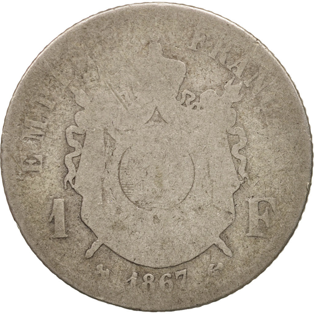 France, Napoleon III, Napoléon III, Franc, 1867, Bordeaux, F(12-15), Silver