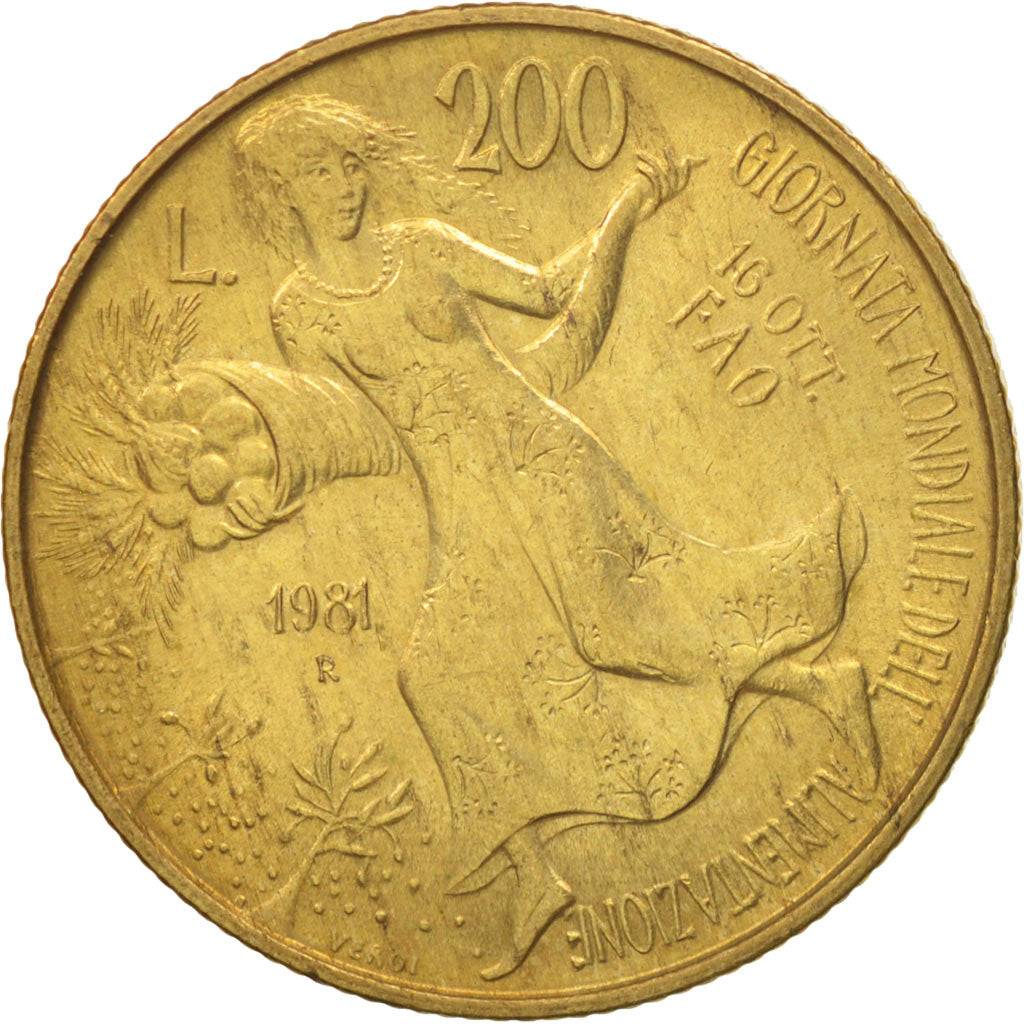 Coin, Italy, 200 Lire, 1981, Rome, AU(55-58), Aluminum-Bronze, KM:109
