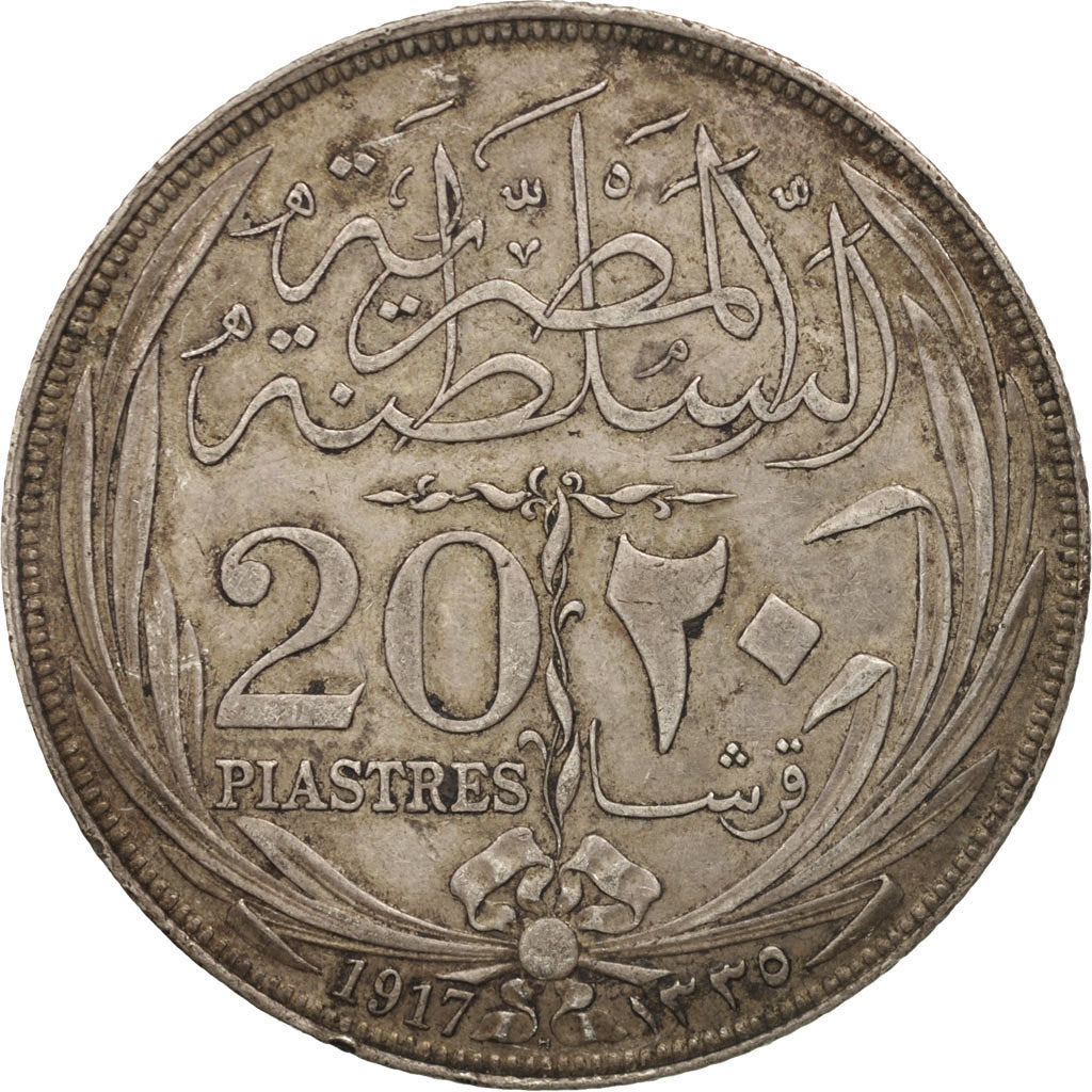 Egipto, Hussein Kamil, 20 Piastres, 1917, Heaton, MBC, Plata, KM:322