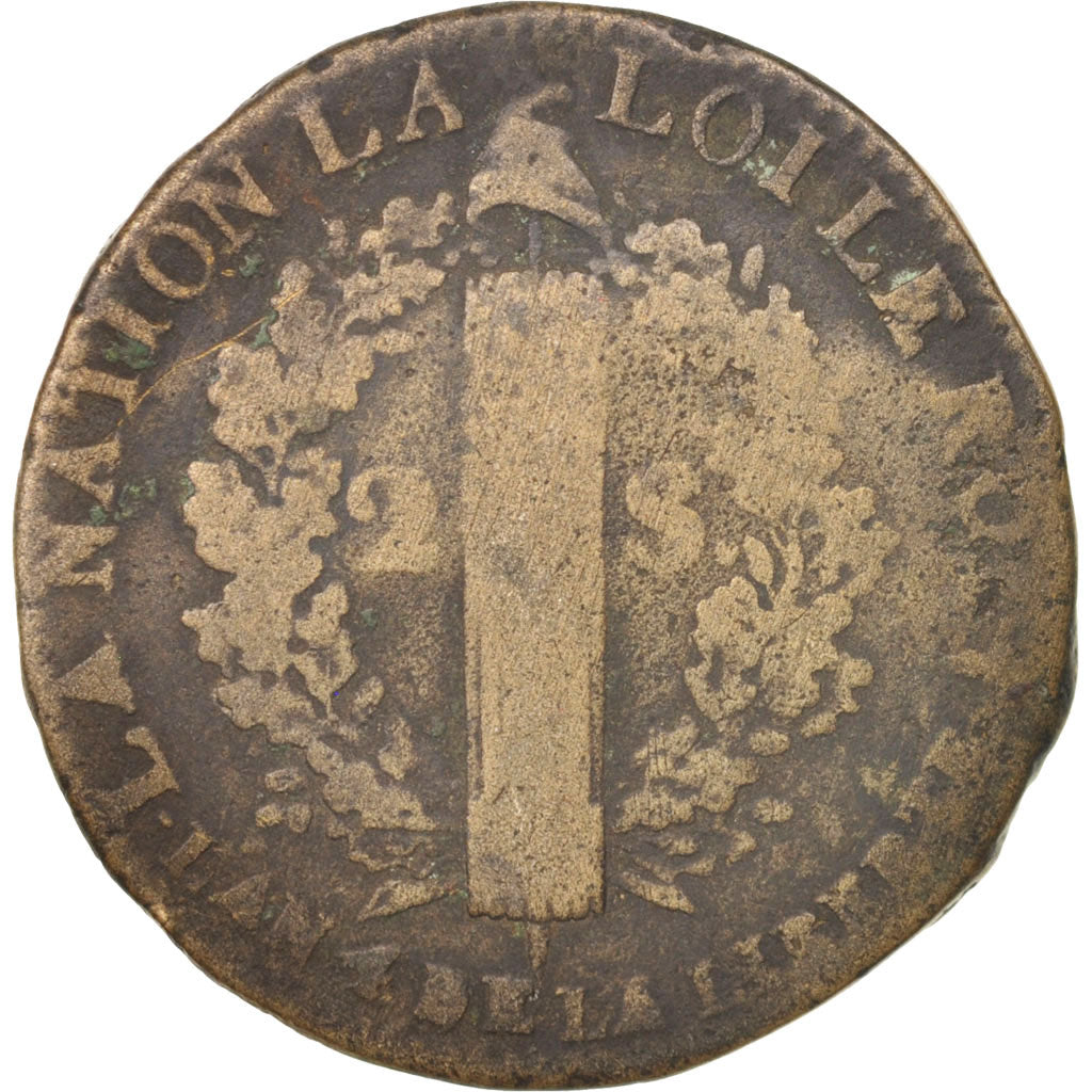 Coin, France, 2 Sols, 1792, Arras, VF(20-25), Bronze, Gadoury:25