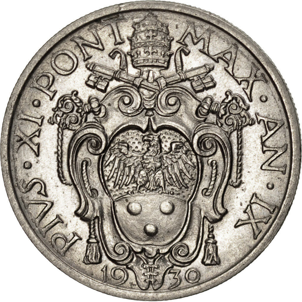VATICAN CITY, 20 Centesimi, 1930, KM #3, AU(55-58), Nickel, 4.09