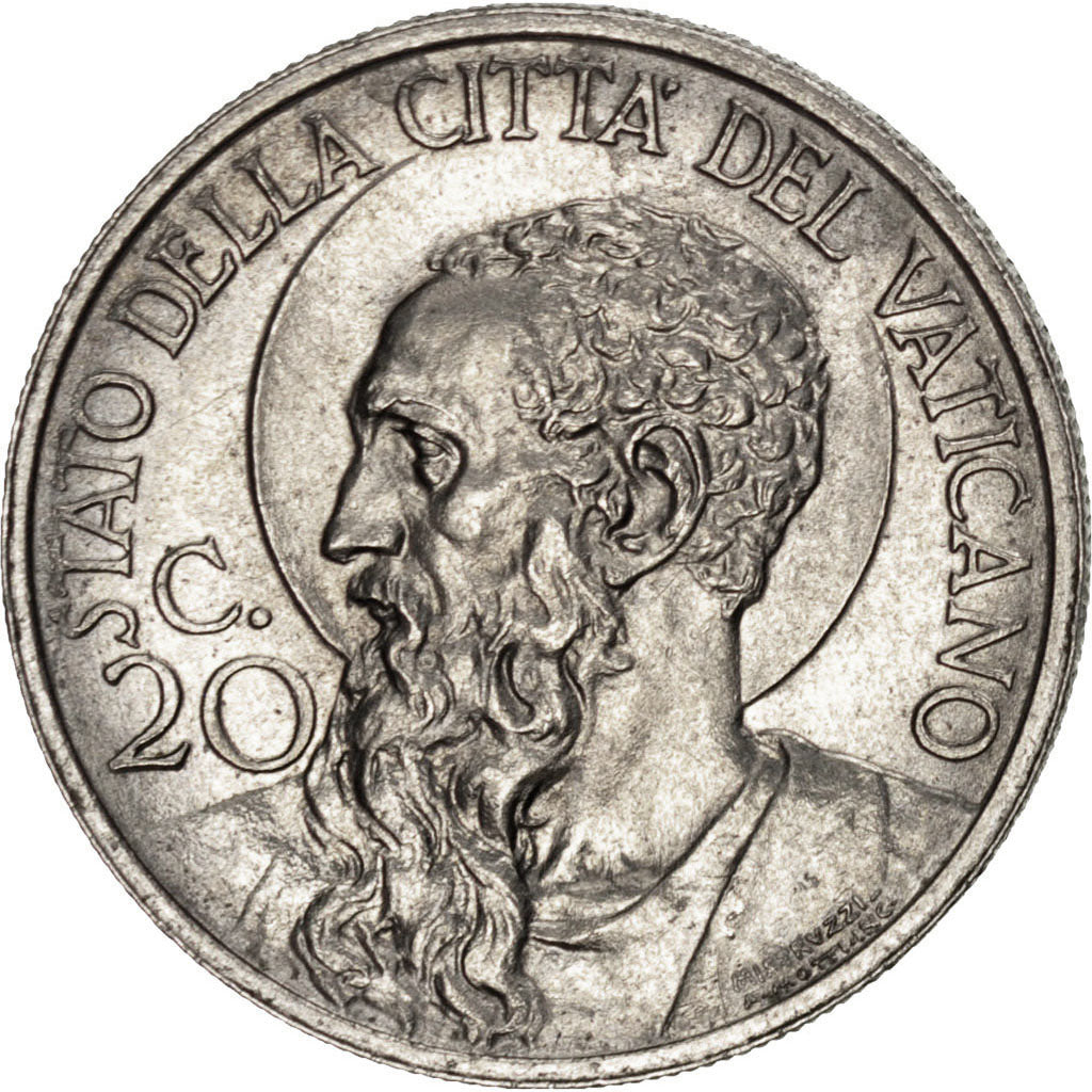 VATICAN CITY, 20 Centesimi, 1930, KM #3, AU(55-58), Nickel, 4.09