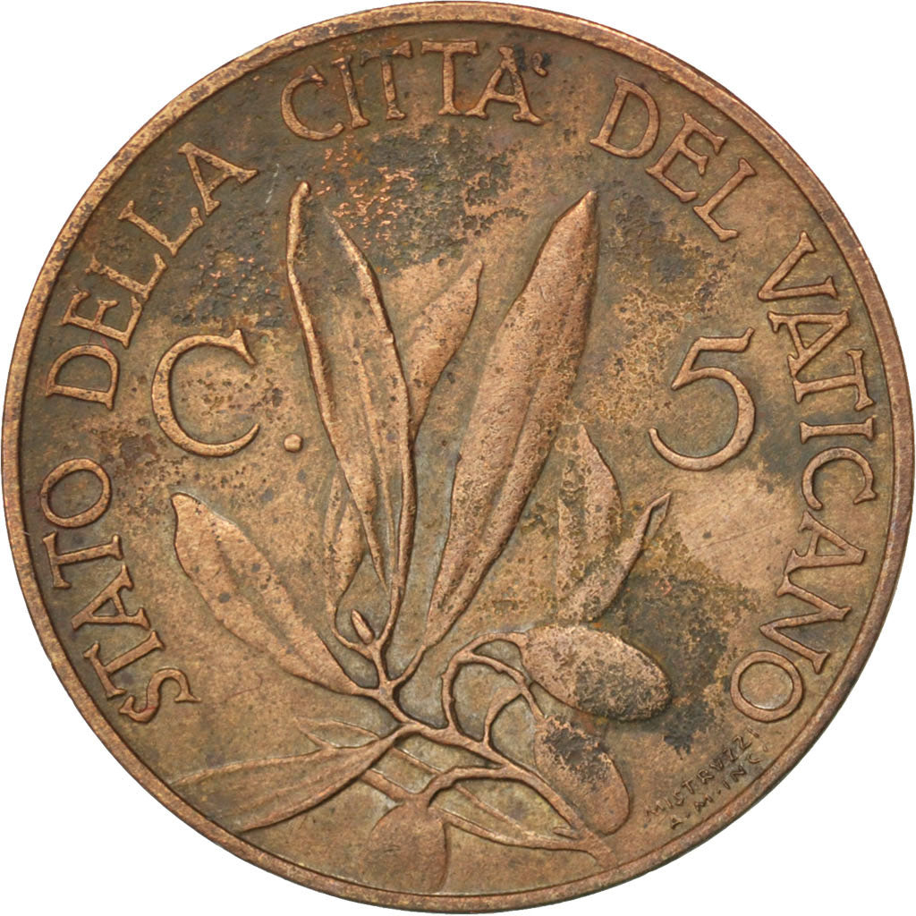 VATICAN CITY, 5 Centesimi, 1930, KM #1, EF(40-45), Bronze, 20, 3.21