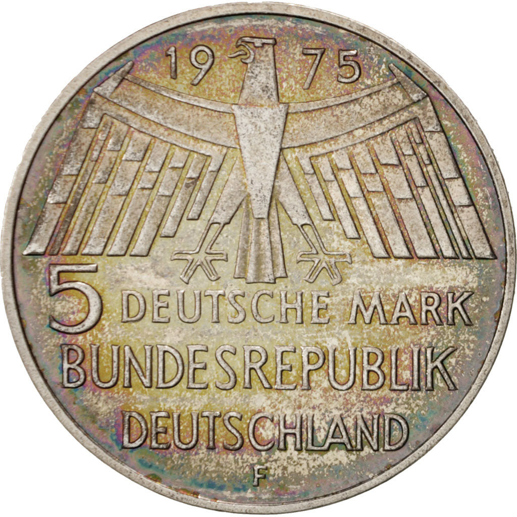 GERMANY - FEDERAL REPUBLIC, 5 Mark, 1975, Stuttgart, Germany, MS(65-70), Silver