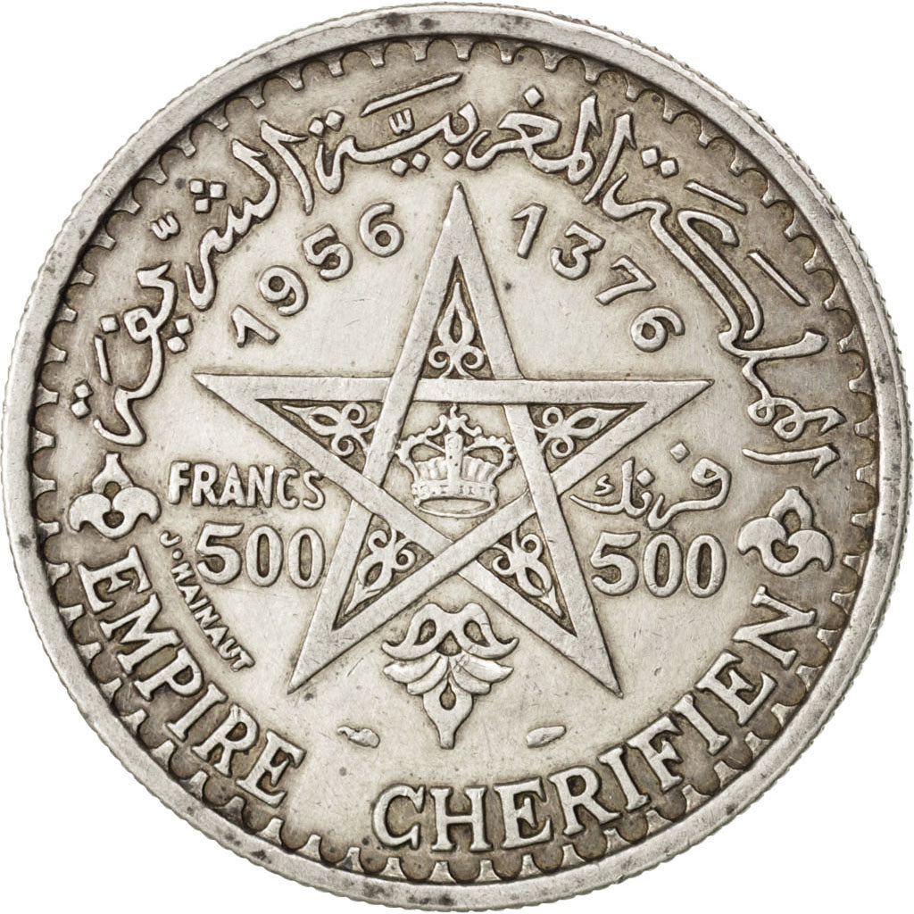 MOROCCO, 500 Francs, 1956, Paris, KM #54, AU(50-53), Silver, 38, 22.45