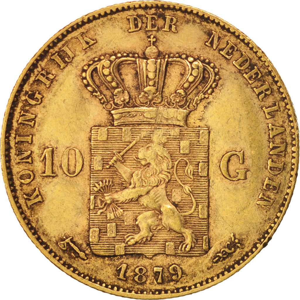Netherlands, William III, 10 Gulden, 1879, AU(50-53), Gold, KM:106