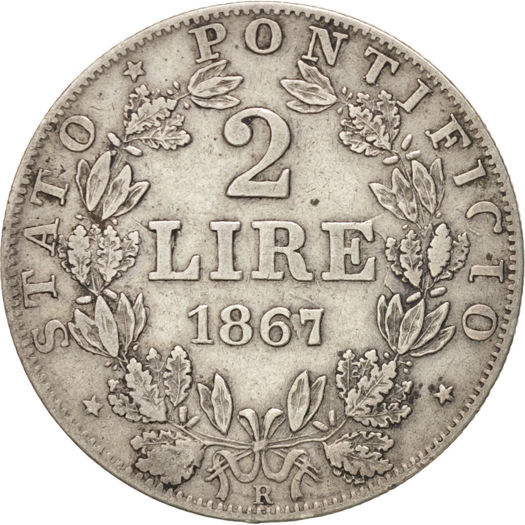 ITALIAN STATES, PAPAL STATES, Pius IX, 2 Lire, 1867, Roma, EF(40-45), Silver
