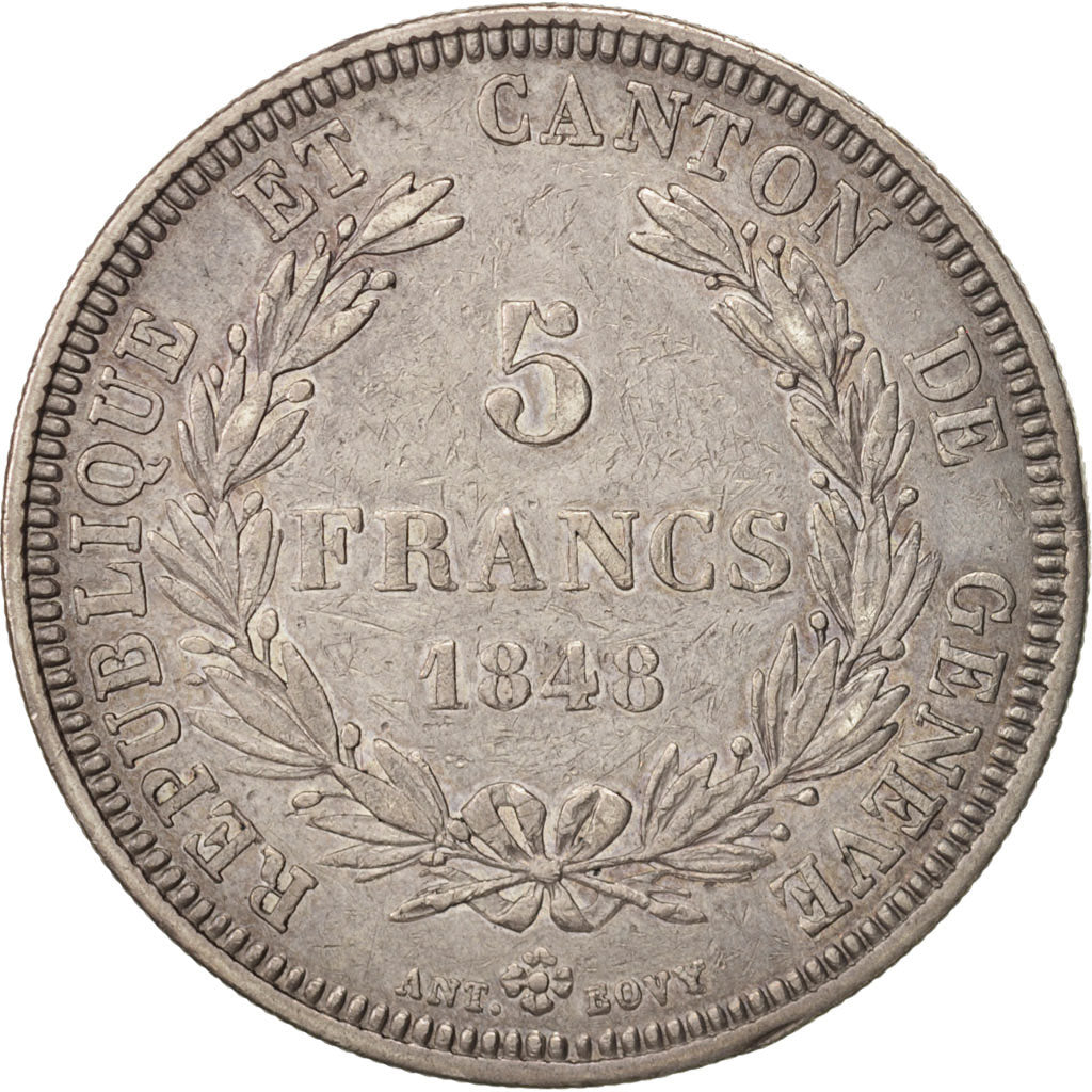 SWISS CANTONS, GENEVA, 5 Francs, 1848, Genève, EF(40-45), Silver, KM:137