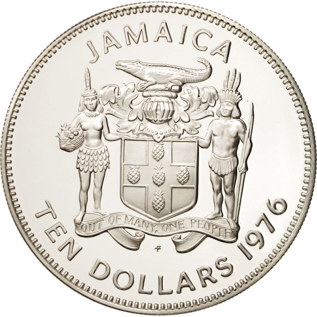Jamaica, Elizabeth II, 10 Dollars, 1976, Franklin Mint, USA, MS(65-70), Silver
