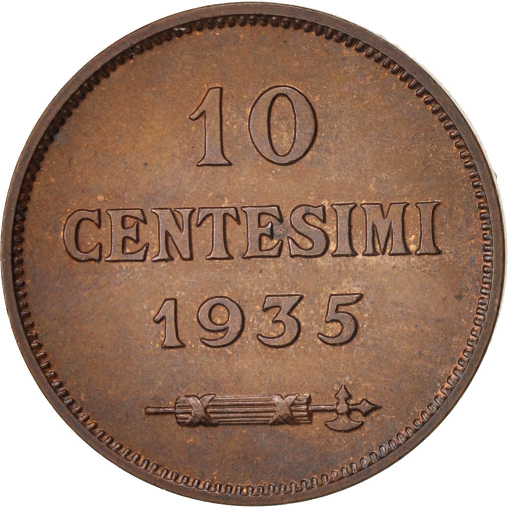Moneta, San Marino, 10 Centesimi, 1935, Rome, MS(65-70), Bronze, KM:13