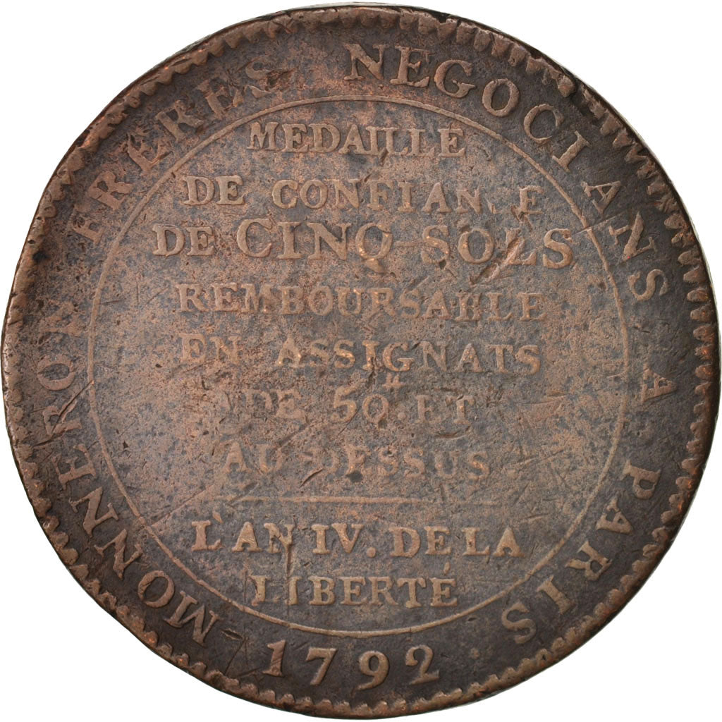 Francia, 5 Sols, 1792, MB, Bronzo, KM:Tn34, Brandon:224c