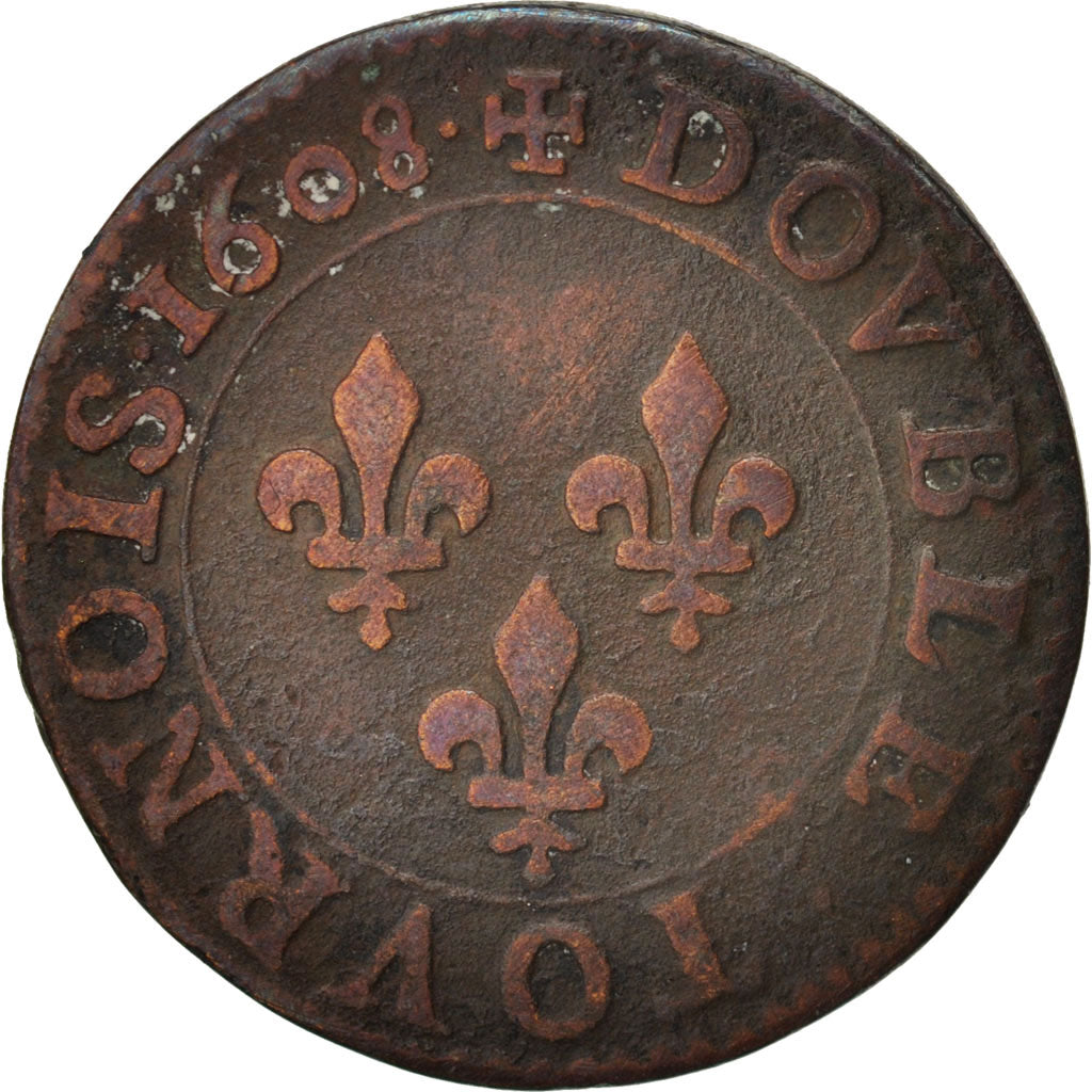 France, Henri IV, Double Tournois, 1608, Paris, VF(30-35), Copper, KM:16.1