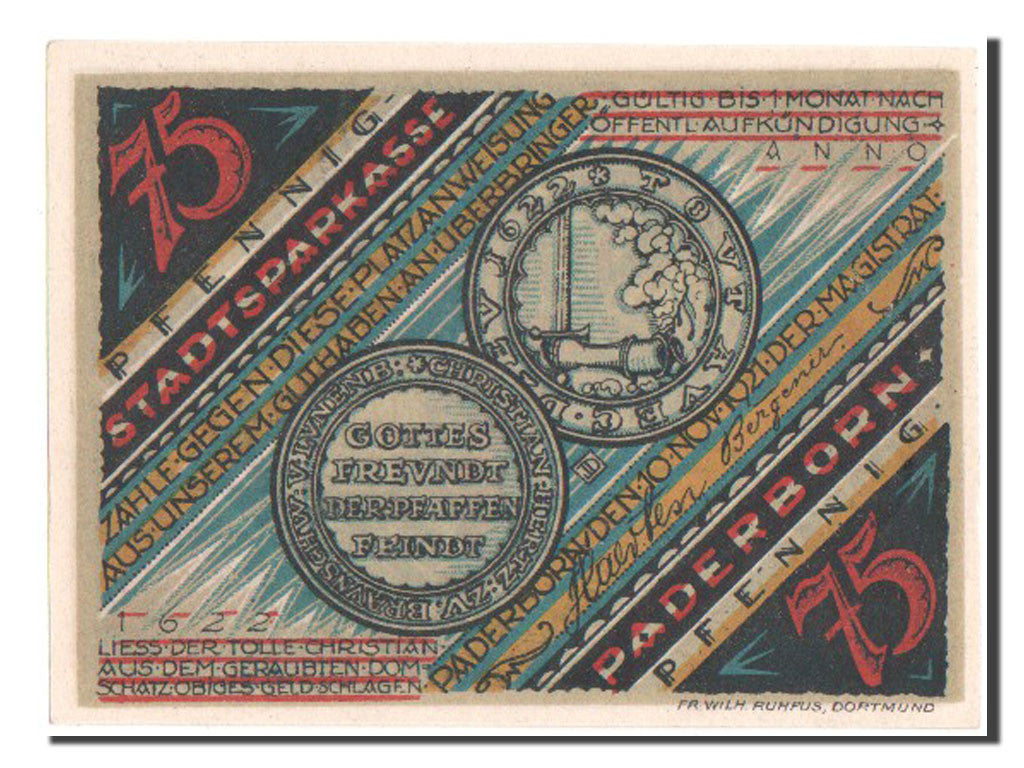Geldschein, Deutschland, Paderborn Stadt, 75 Pfennig, 1921, UNZ-, Mehl:1043.3