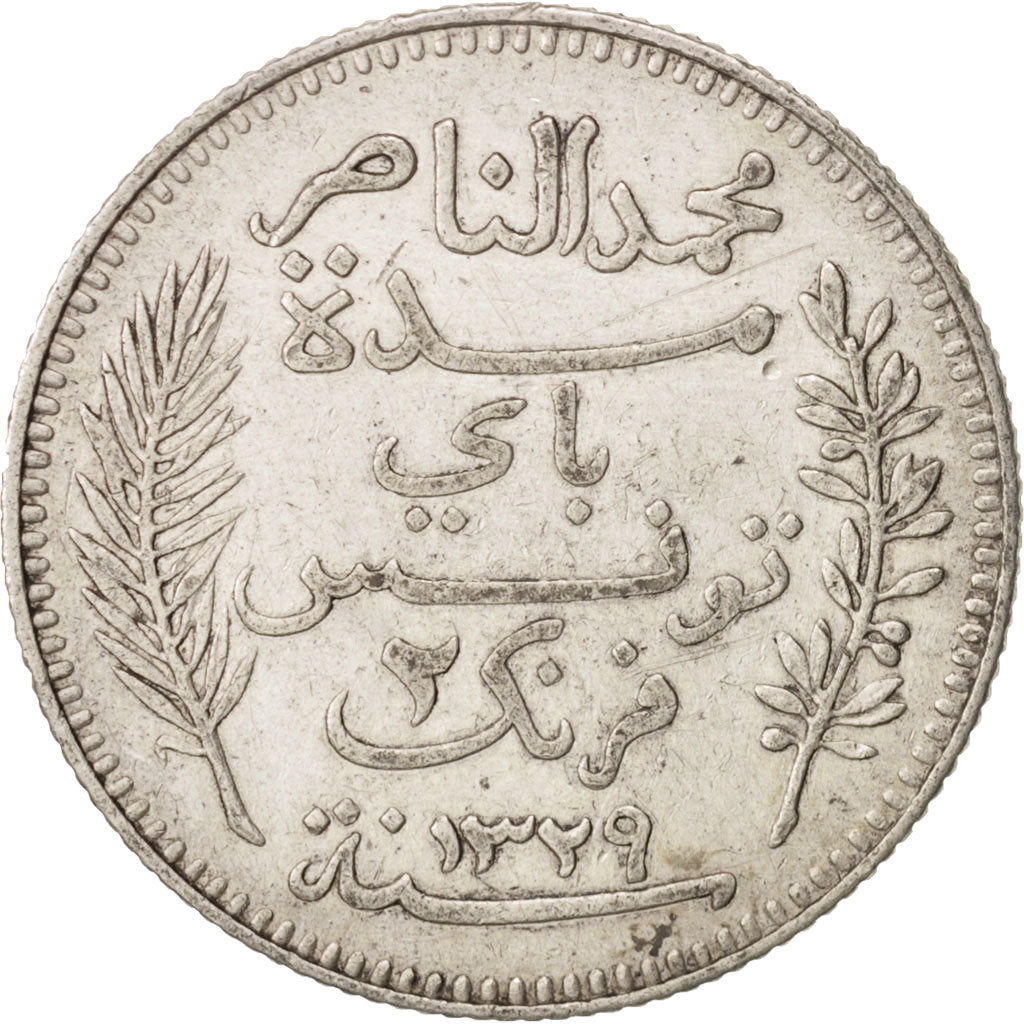 Coin, Tunisia, Muhammad al-Nasir Bey, 2 Francs, 1911, Paris, AU(50-53), Silver
