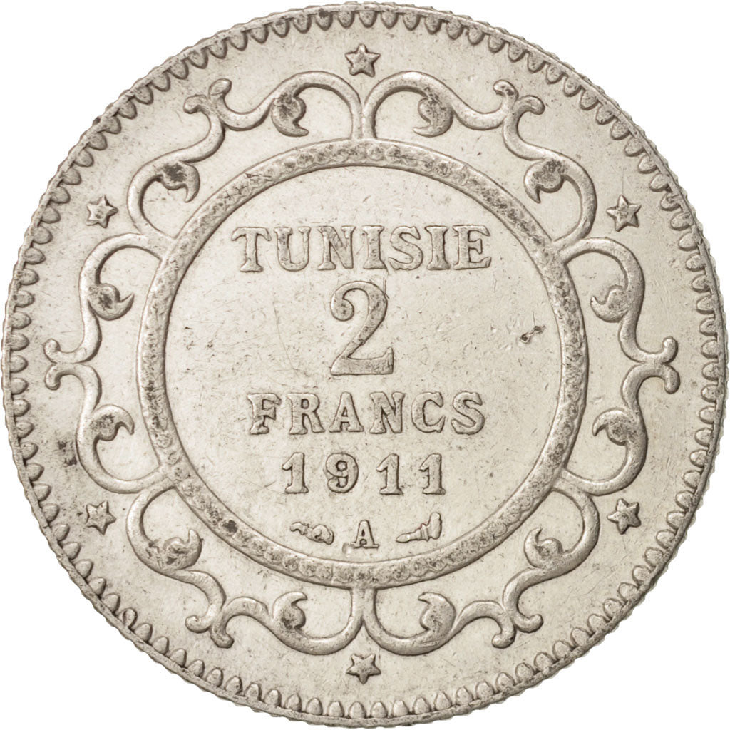 Coin, Tunisia, Muhammad al-Nasir Bey, 2 Francs, 1911, Paris, AU(50-53), Silver