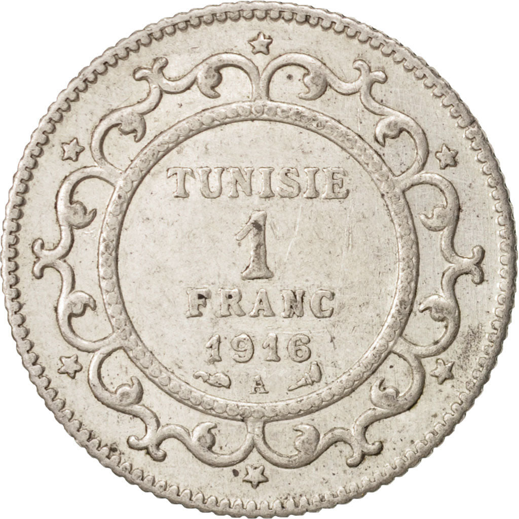 Tunisia, Muhammad al-Nasir Bey, Franc, 1916, Paris, AU(50-53), Silver, KM:238