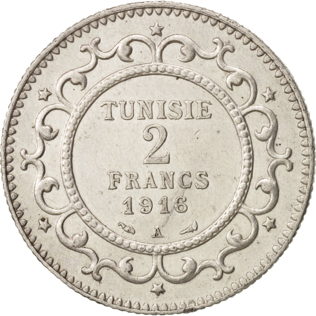 Coin, Tunisia, Muhammad al-Nasir Bey, 2 Francs, 1916, Paris, AU(50-53), Silver
