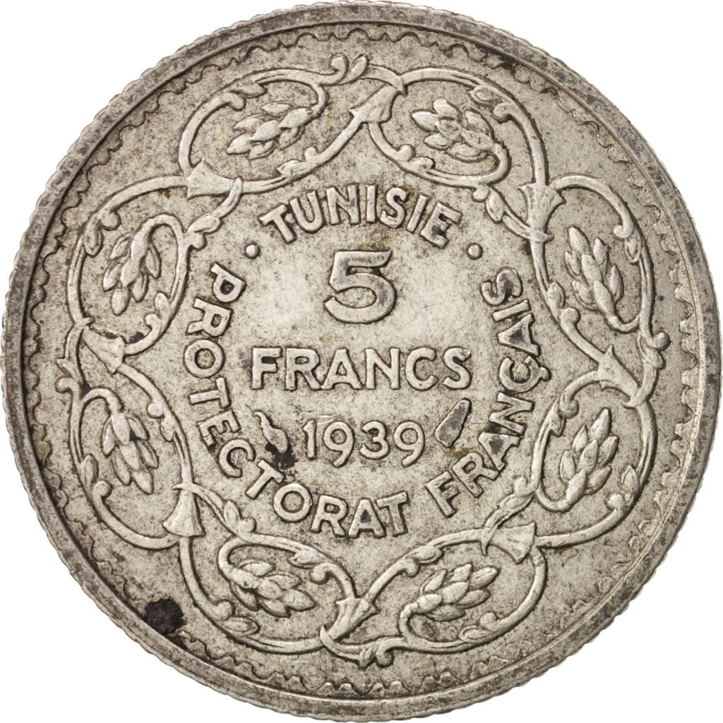 Coin, Tunisia, Ahmad Pasha Bey, 5 Francs, 1939, Paris, EF(40-45), Silver, KM:264