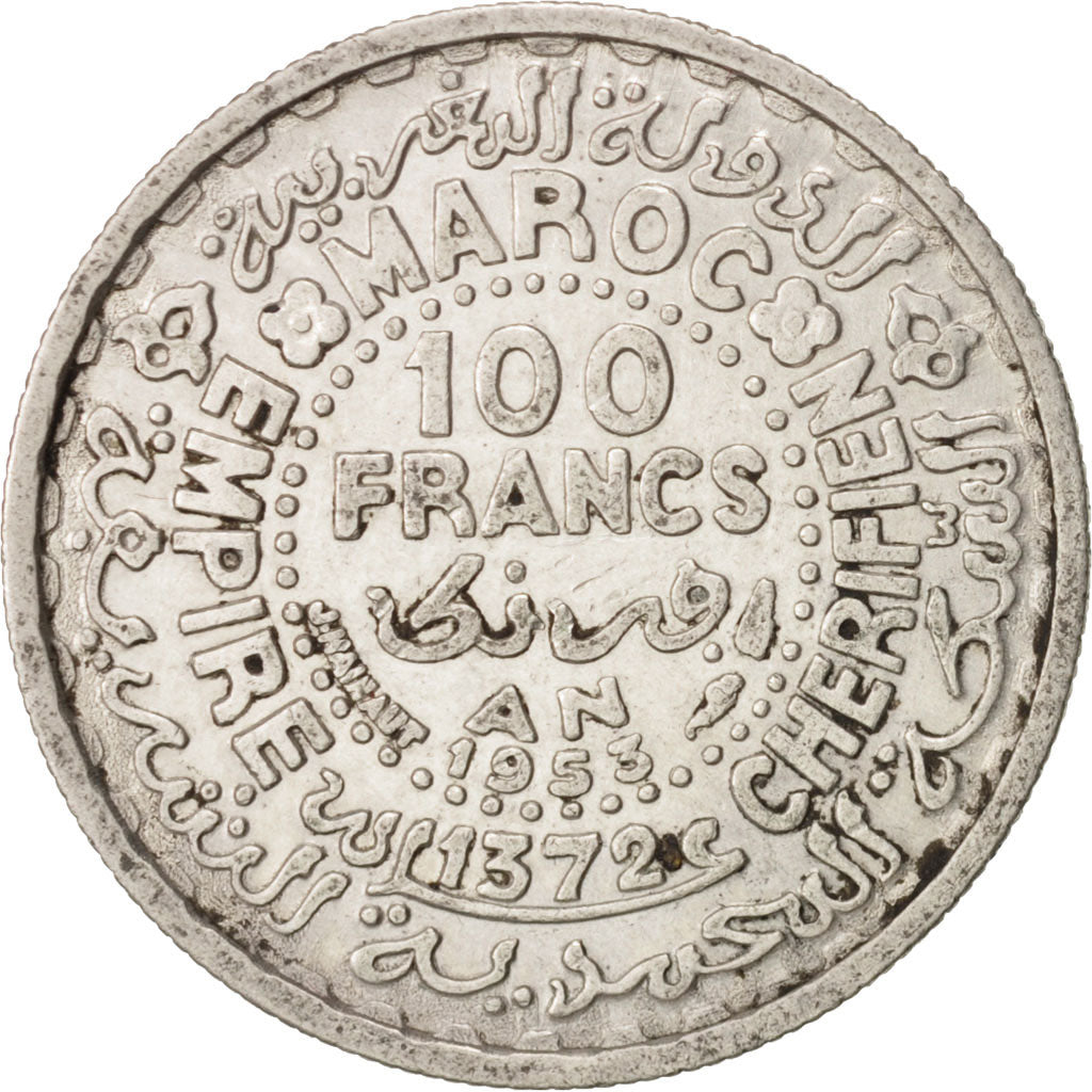 Morocco, Mohammed V, 100 Francs, 1953, Paris, EF(40-45), Silver, KM:52