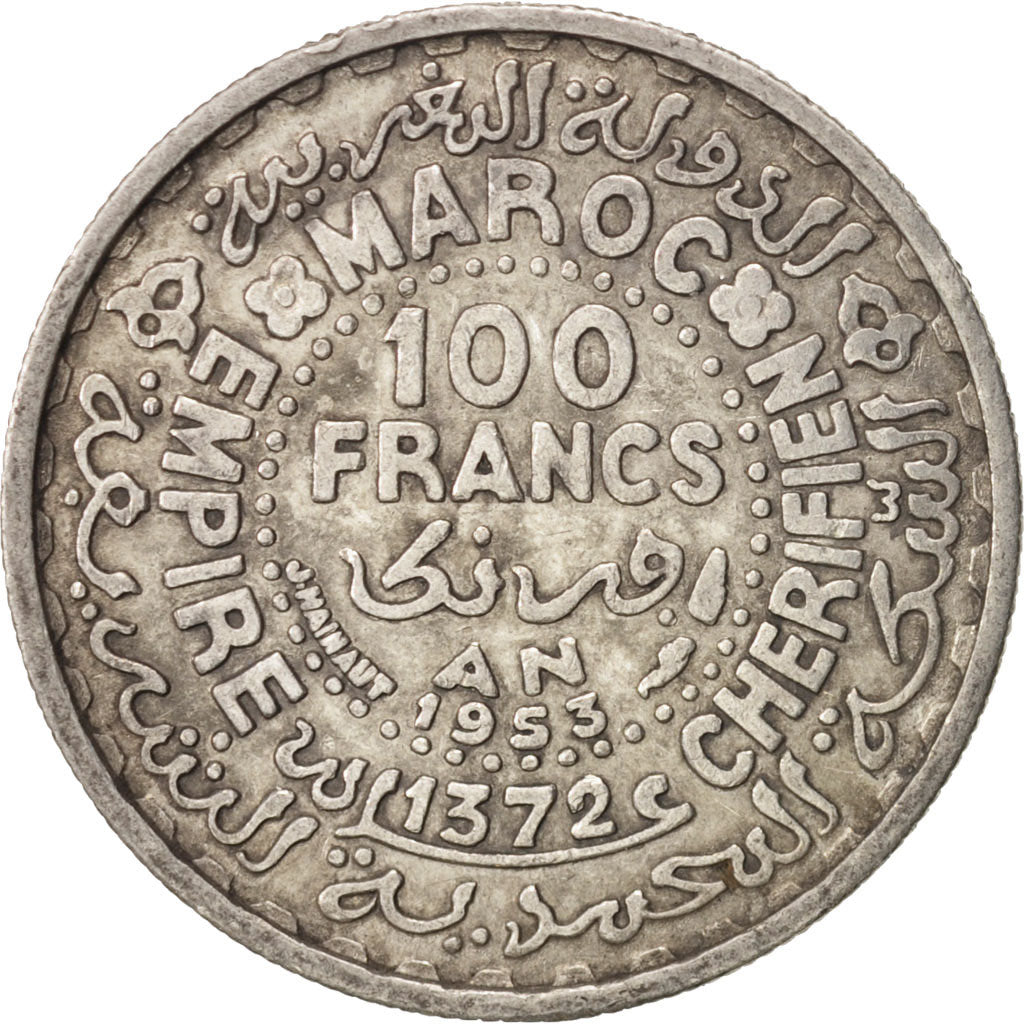 Morocco, Mohammed V, 100 Francs, 1953, Paris, AU(50-53), Silver, KM:52