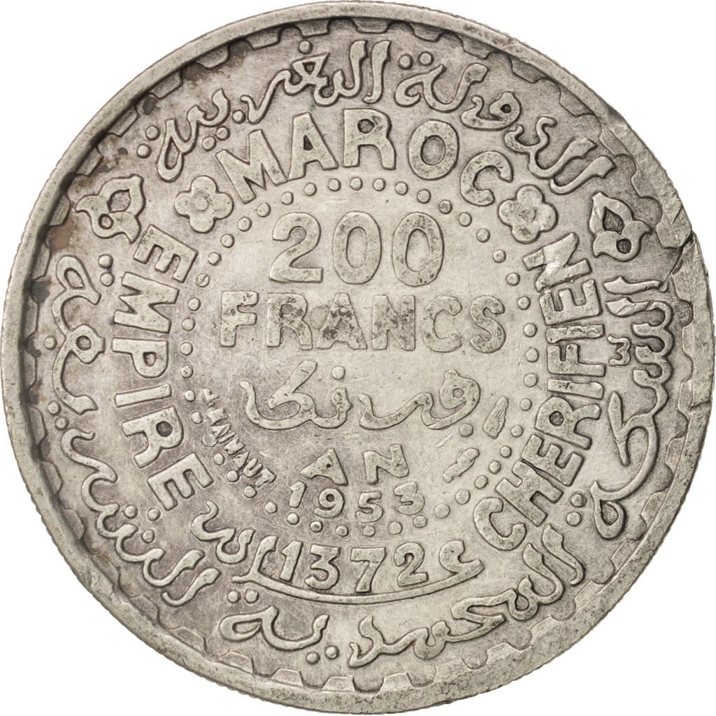 Morocco, Mohammed V, 200 Francs, 1953, Paris, EF(40-45), Silver, KM:53