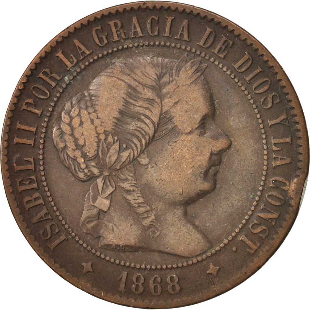 Spain, Isabel II, 5 Centimos, 1868, Jubia, VF(30-35), Copper, KM:635.2