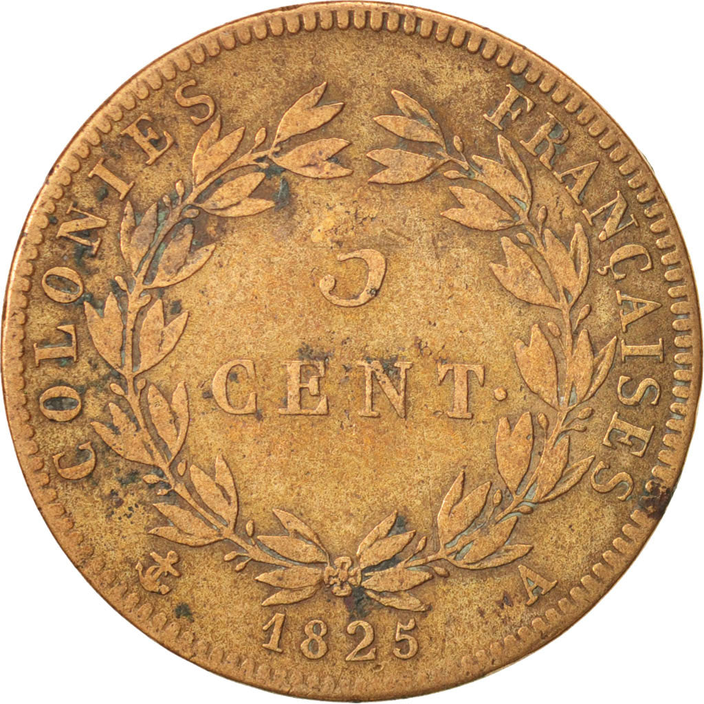 FRENCH COLONIES, Charles X, 5 Centimes, 1825, Paris, VF(20-25), Bronze, KM:10.1