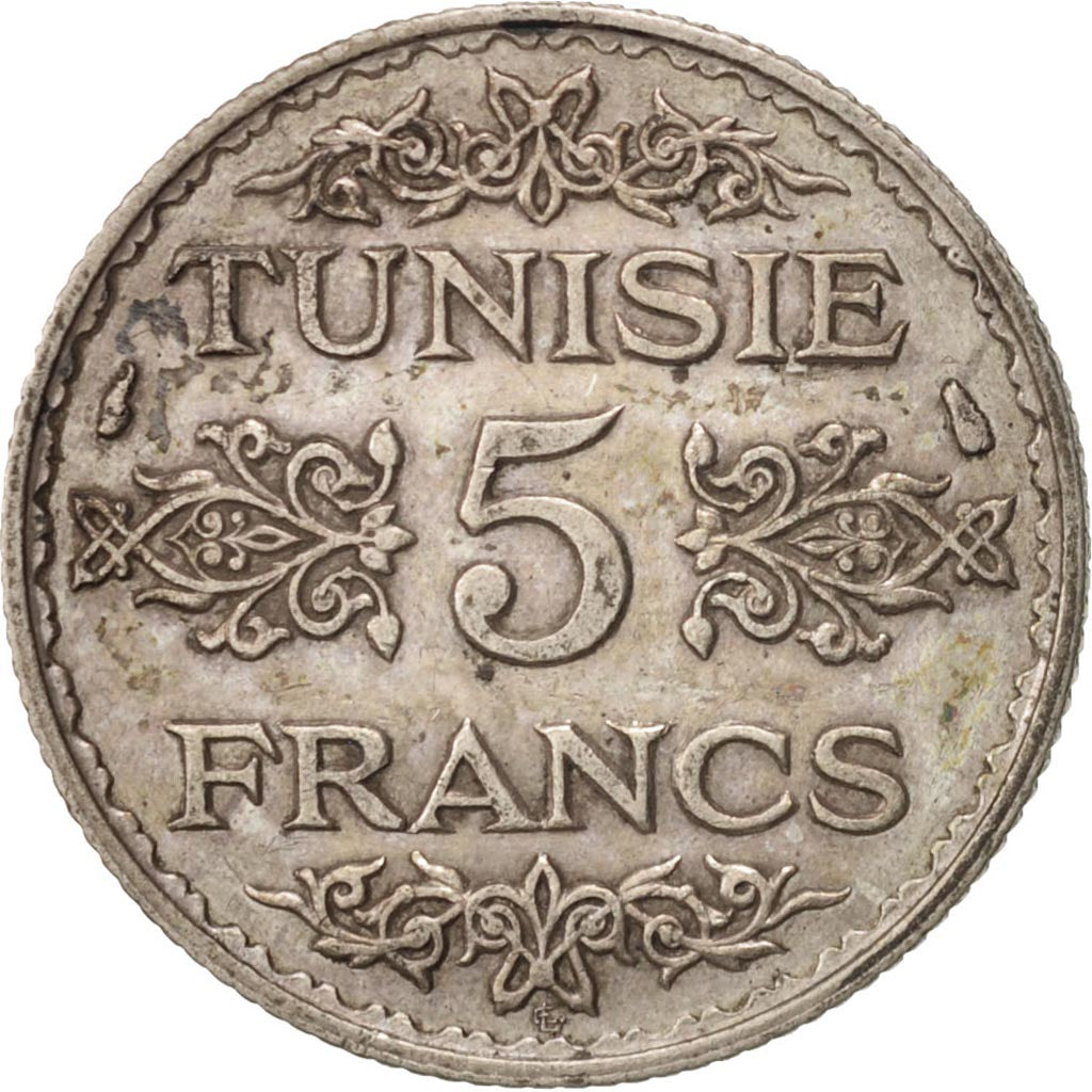 Coin, Tunisia, Ahmad Pasha Bey, 5 Francs, 1936, Paris, AU(55-58), Silver, KM:261