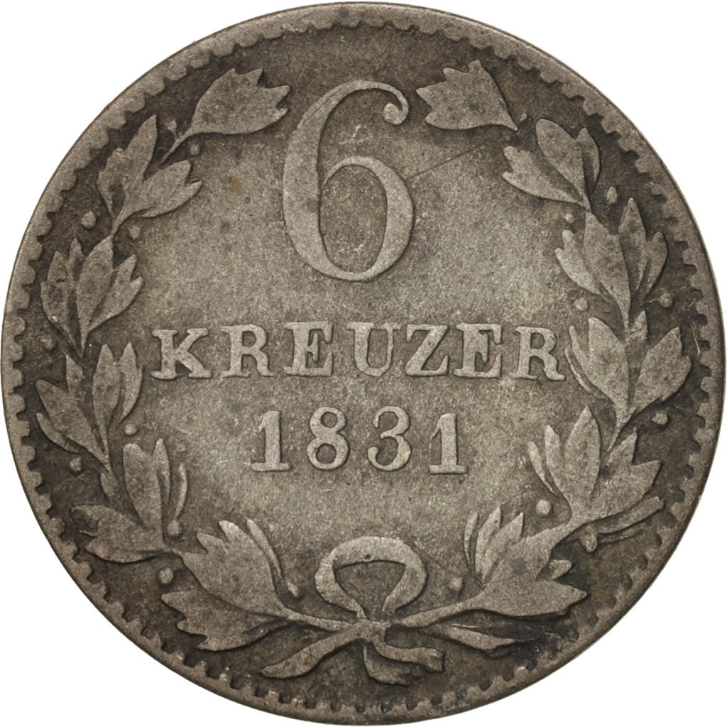 German States, BADEN, Leopold I, 6 Kreuzer, 1831, VF(20-25), Silver, KM:198.1