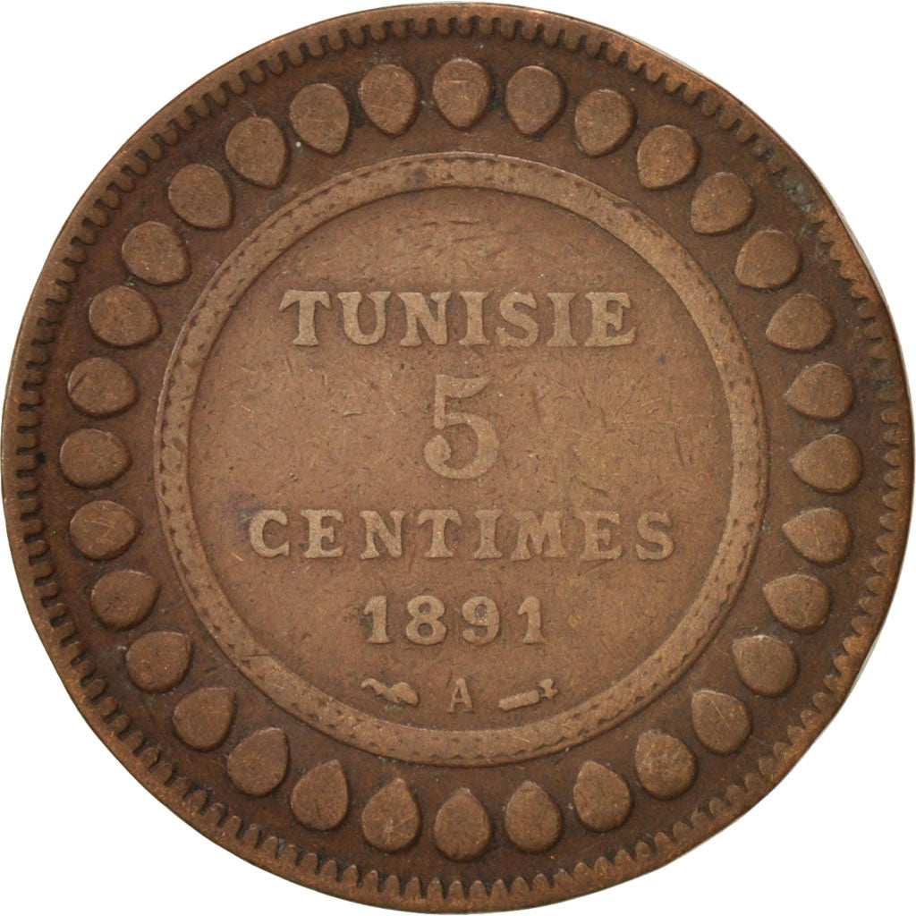 Tunisia, Ali Bey, 5 Centimes, 1891, Paris, VF(20-25), Bronze, KM:221